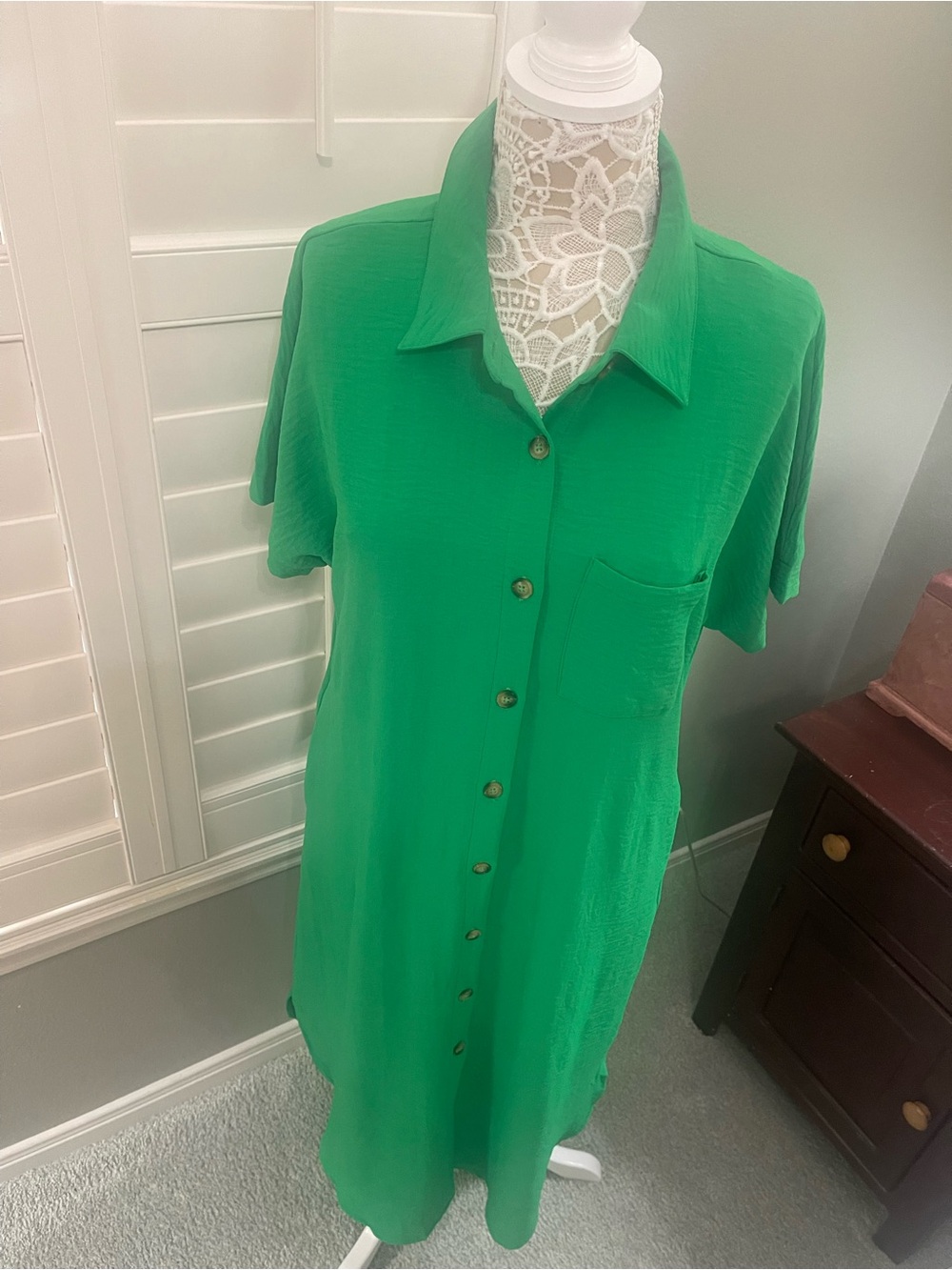 Green Button-Front Women's Dress - Casual Collared Dress With Pockets